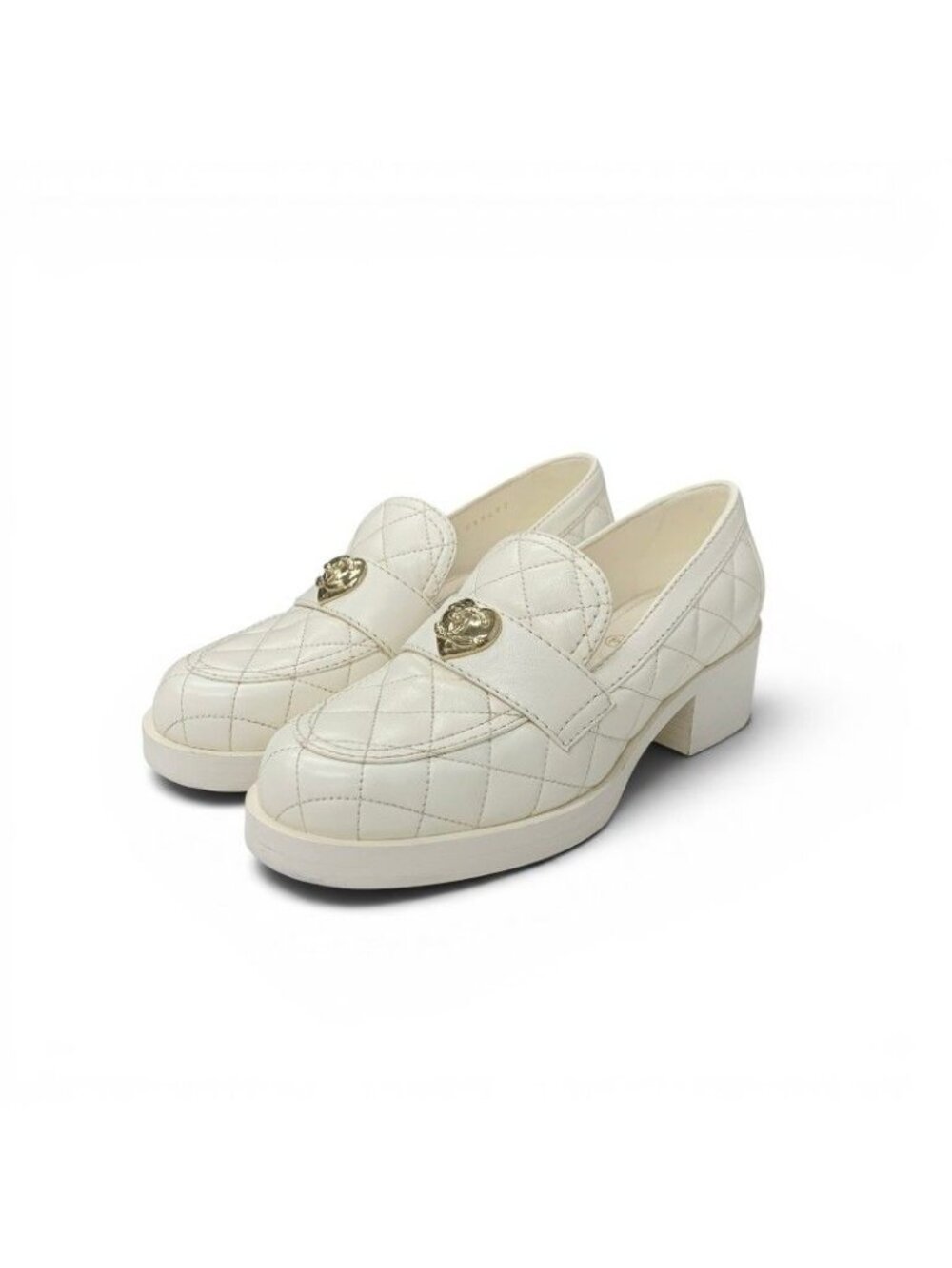 Chanel Loafers Leather Shoes White Gold CC Logo Quilted Heart
